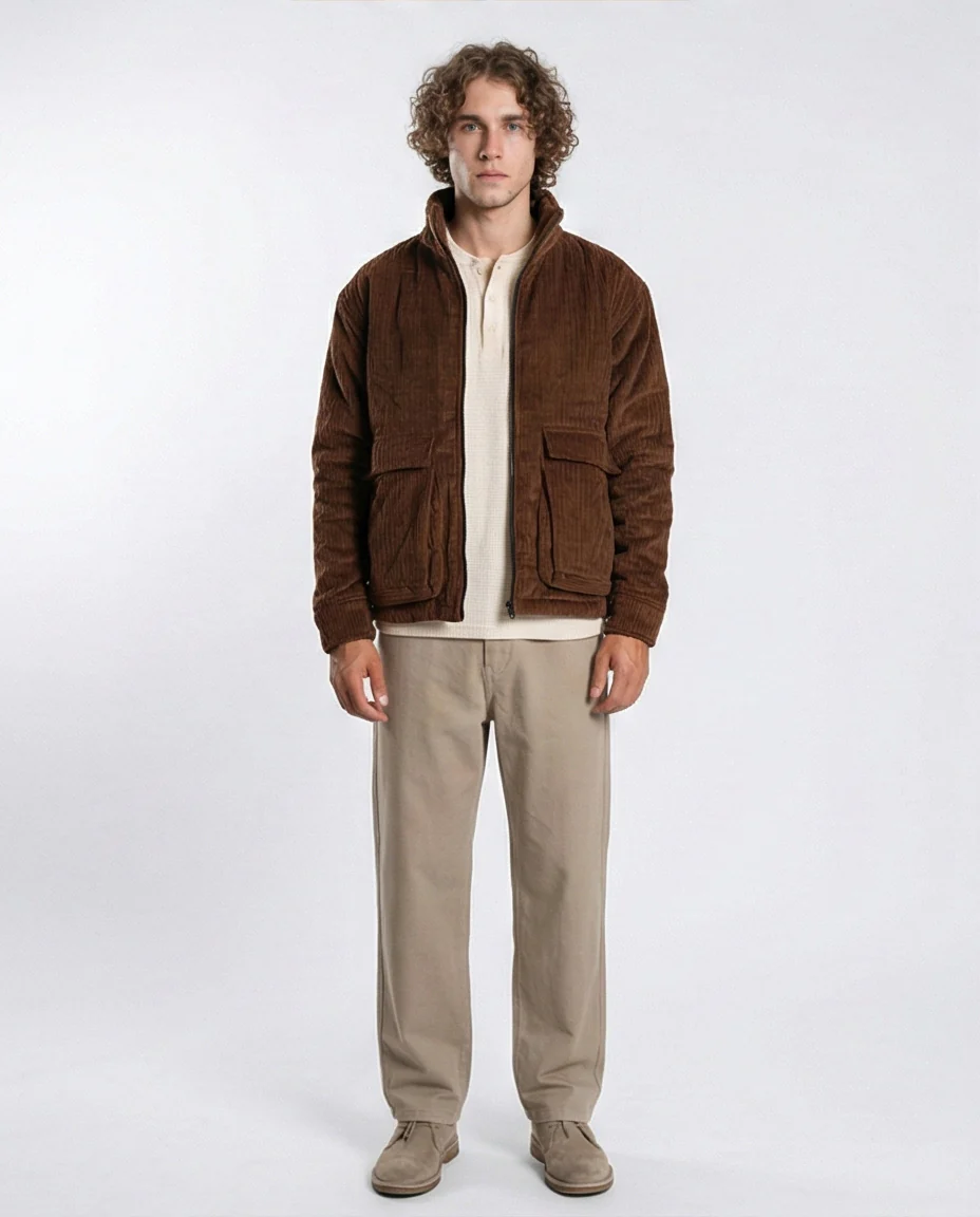 Men's Brown Corduroy Padded Utility Jacket - O199940 - Image 3