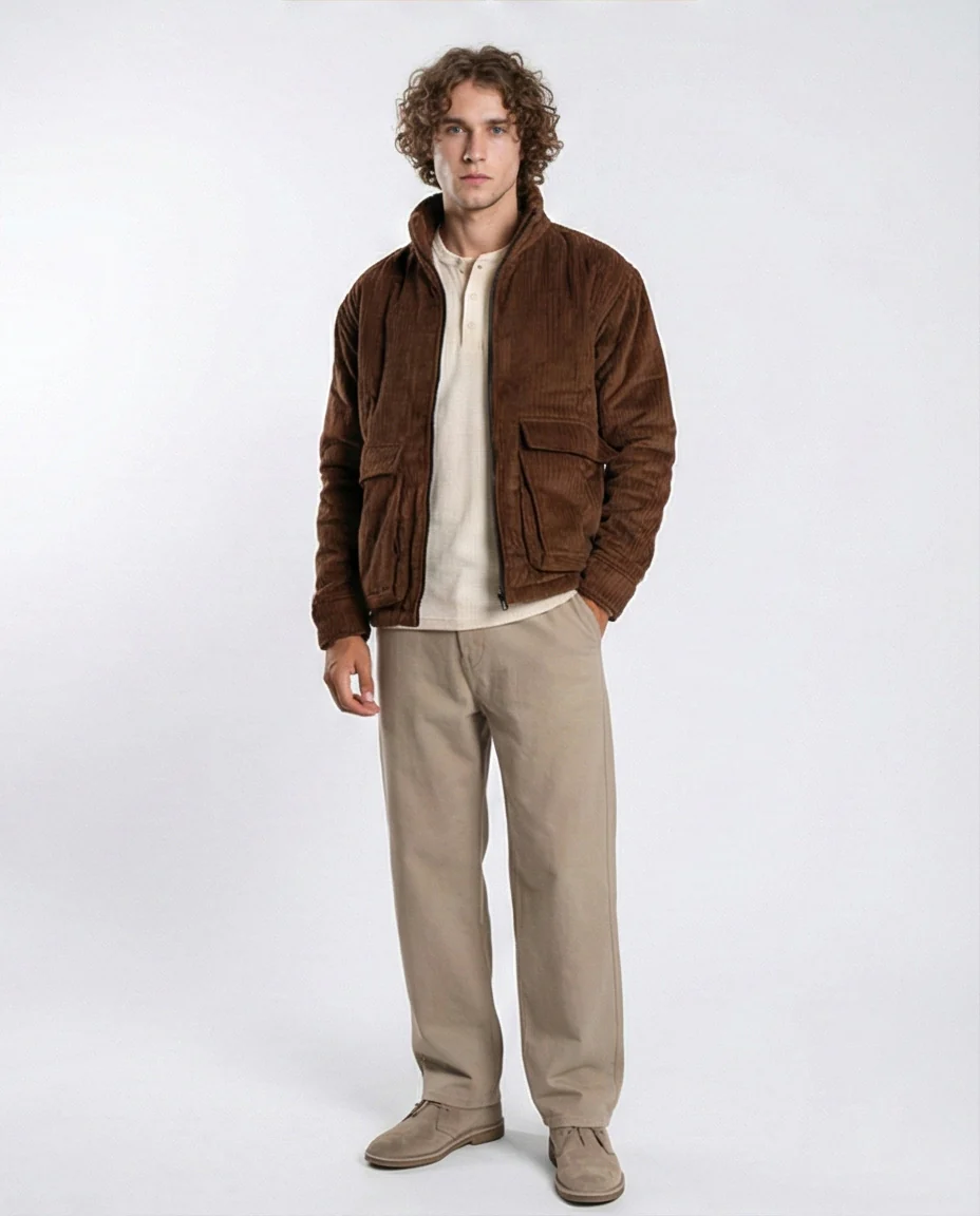 Men's Brown Corduroy Padded Utility Jacket - O199940 - Image 4