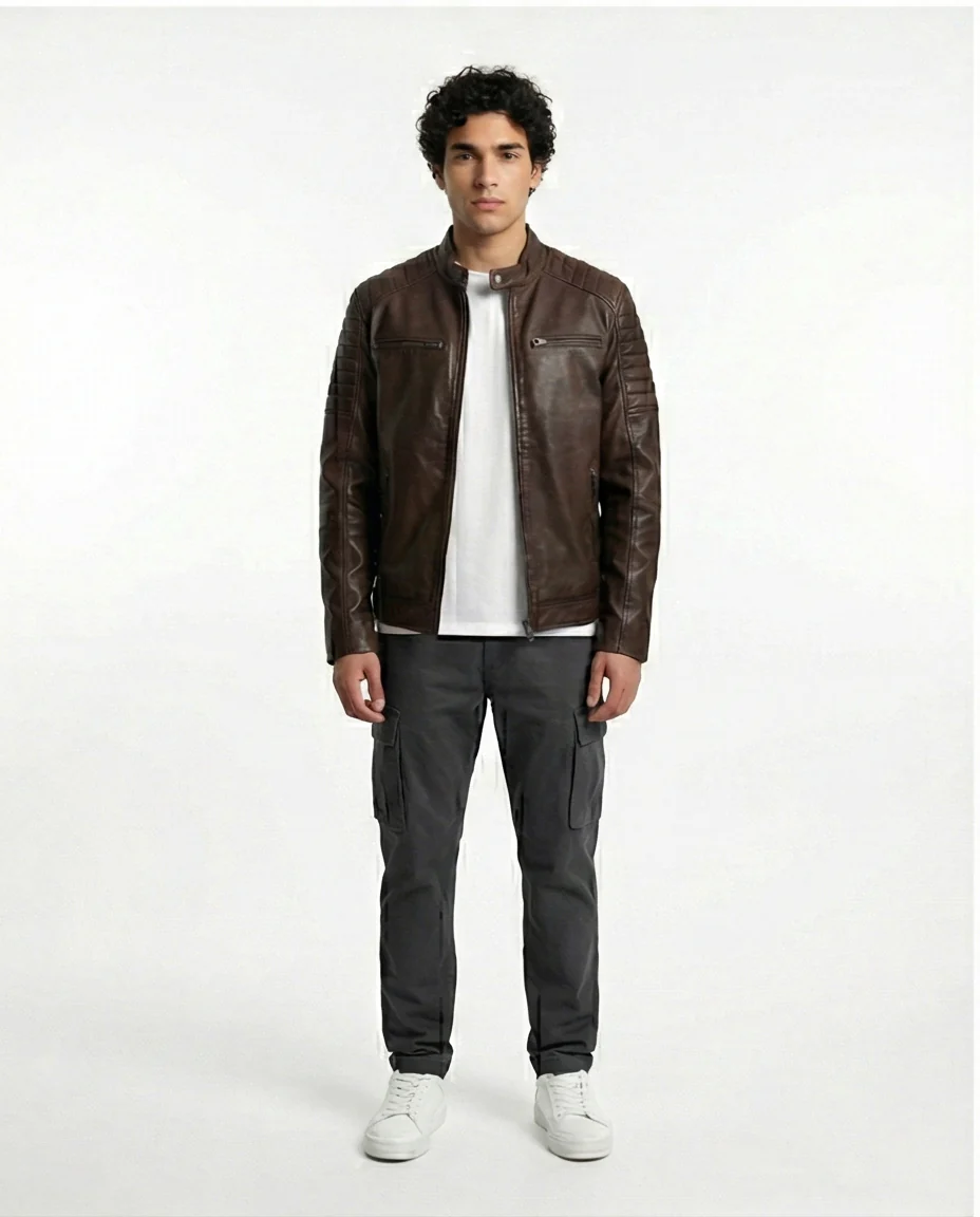 Modern Brown Moto-Inspired Faux Leather Jacket - Image 3
