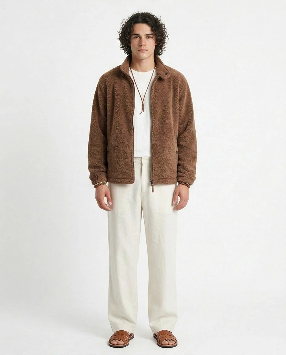 Men's Earth-Tone Teddy Fleece Zip-Up Jacket - O201294 - Image 2