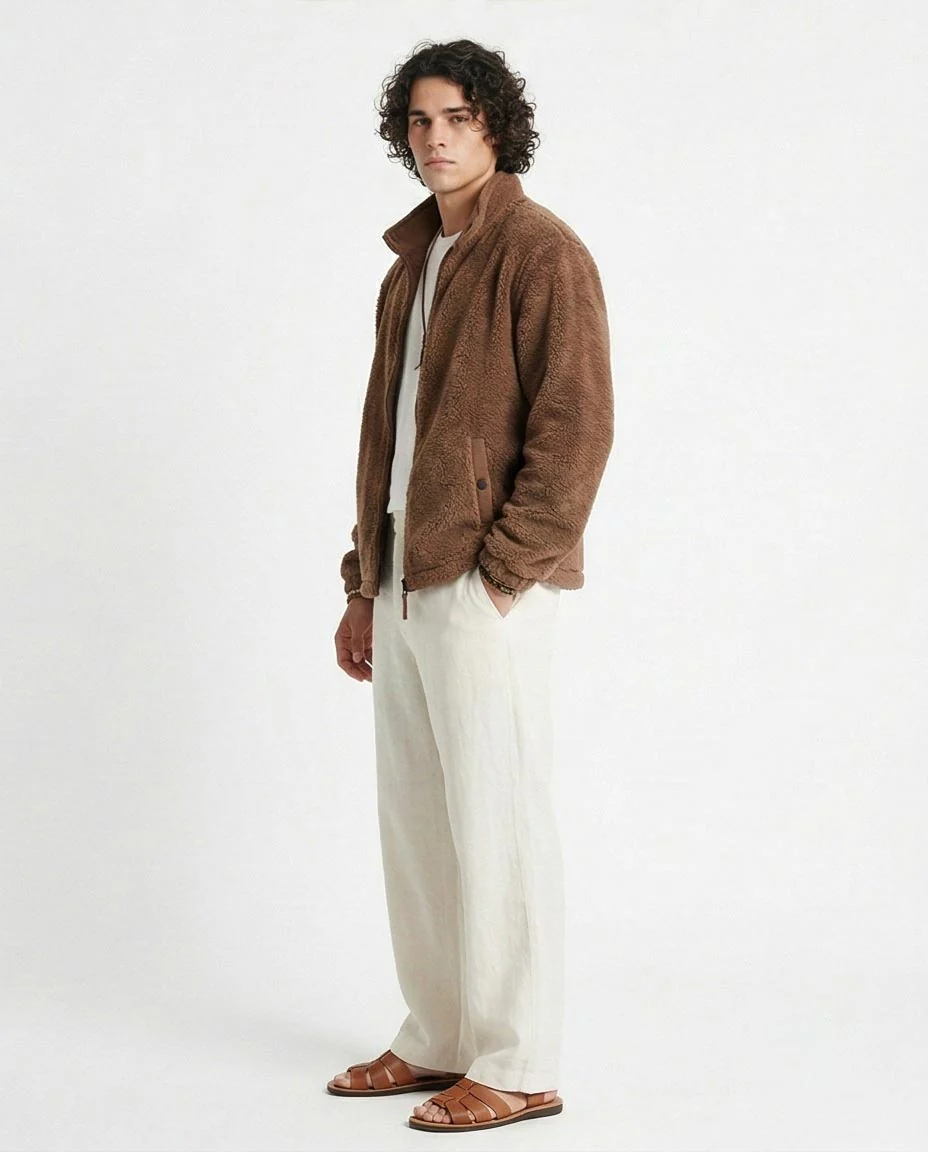 Men's Earth-Tone Teddy Fleece Zip-Up Jacket - O201294 - Image 3
