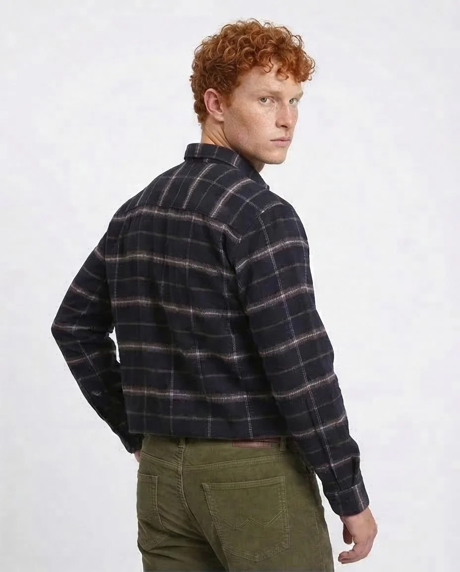 Ravin Men's Brushed Flannel Checked Overshirt - Navy & Olive- Plaids Long Sleeves Winter Shirt - Navy Blue - R213197 - Image 2