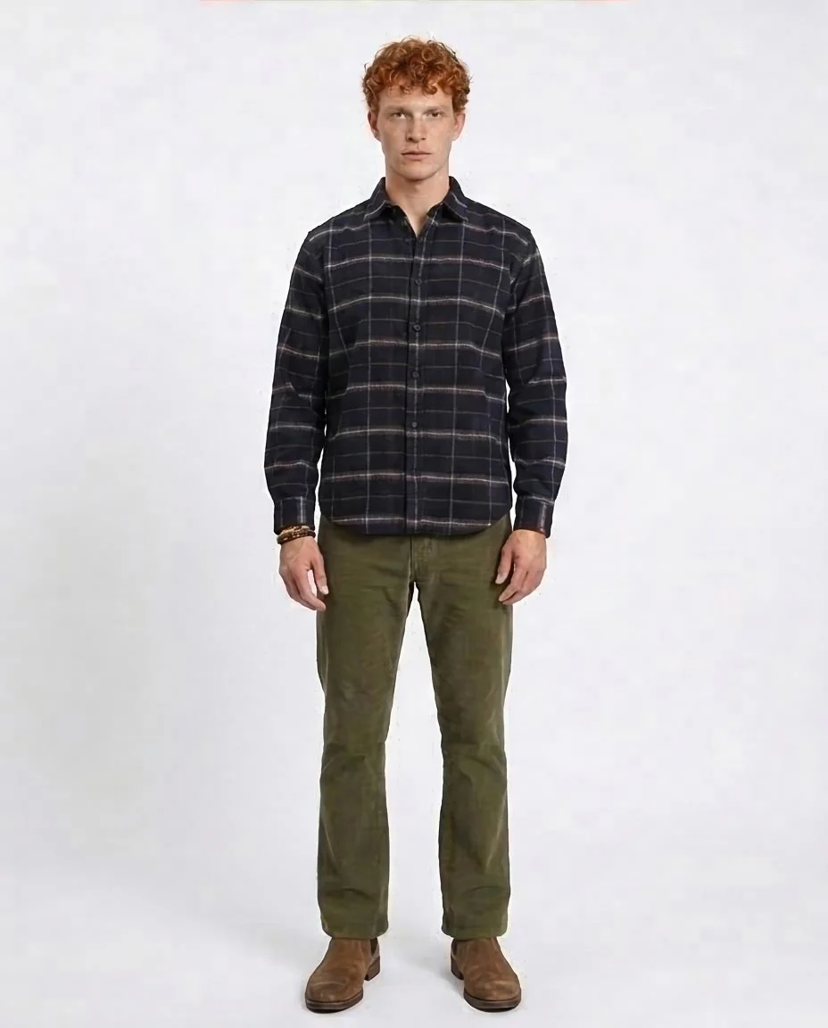 Ravin Men's Brushed Flannel Checked Overshirt - Navy & Olive- Plaids Long Sleeves Winter Shirt - Navy Blue - R213197 - Image 3
