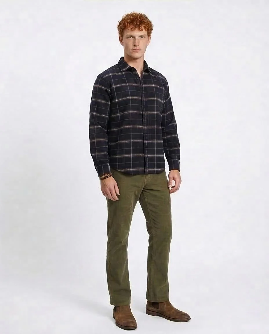 Ravin Men's Brushed Flannel Checked Overshirt - Navy & Olive- Plaids Long Sleeves Winter Shirt - Navy Blue - R213197 - Image 5