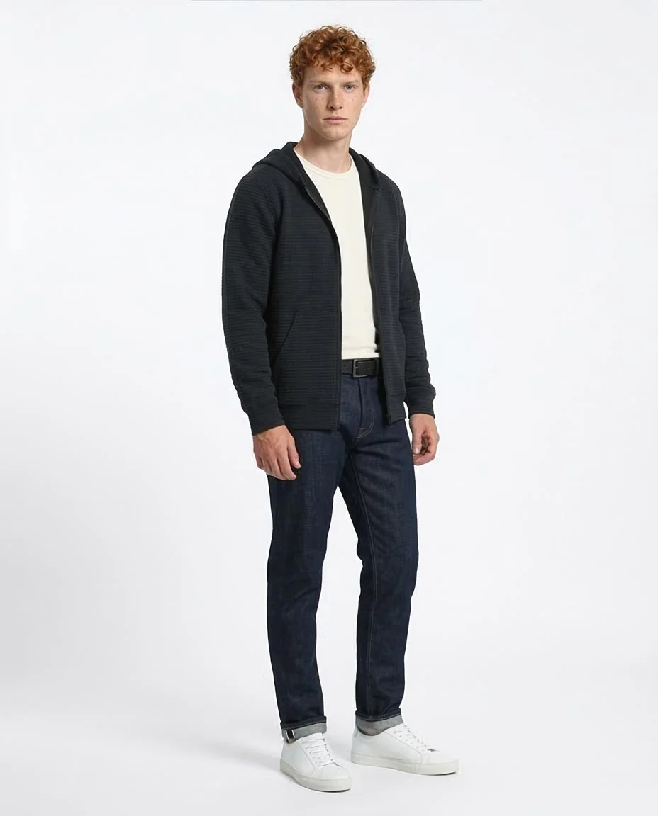 Men's Charcoal Textured Ribbed Full-Zip Hoodie - O202206 - Image 3