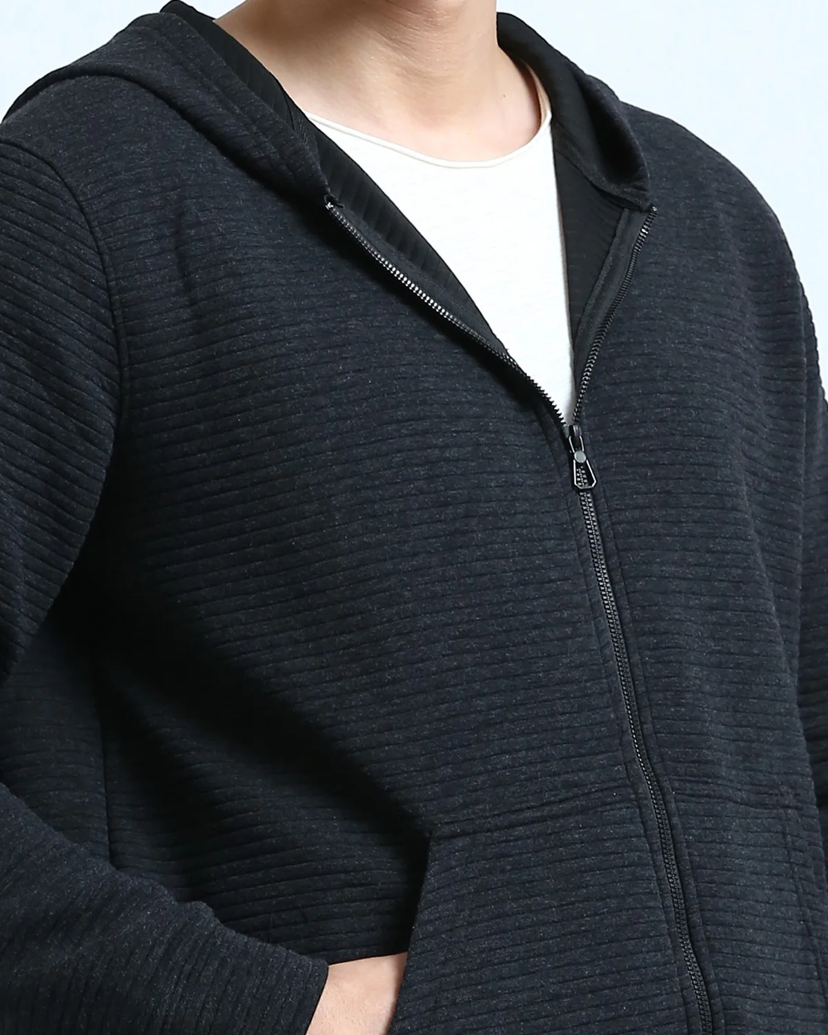 Men's Charcoal Textured Ribbed Full-Zip Hoodie - O202206 - Image 4