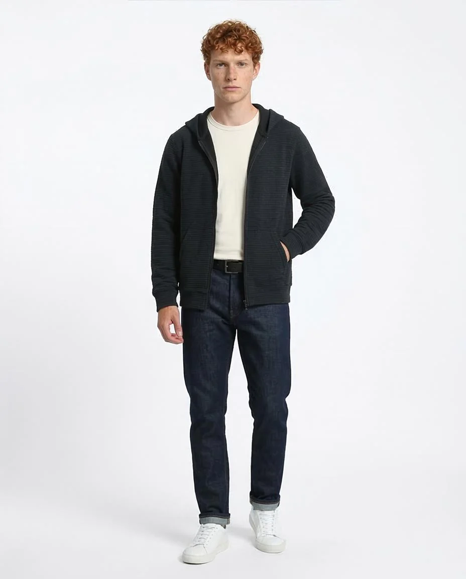 Men's Charcoal Textured Ribbed Full-Zip Hoodie - O202206 - Image 5
