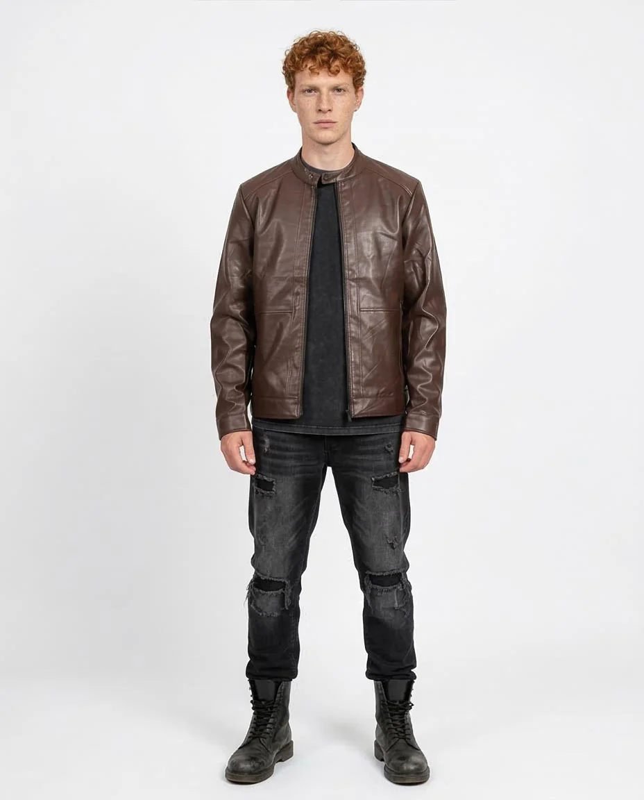 Rich Chocolate Brown Faux Leather Cafe Racer Jacket - R204882 - Image 3