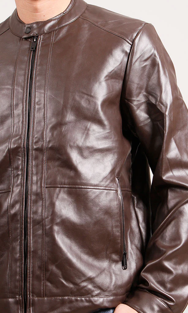 Rich Chocolate Brown Faux Leather Cafe Racer Jacket - R204882 - Image 4