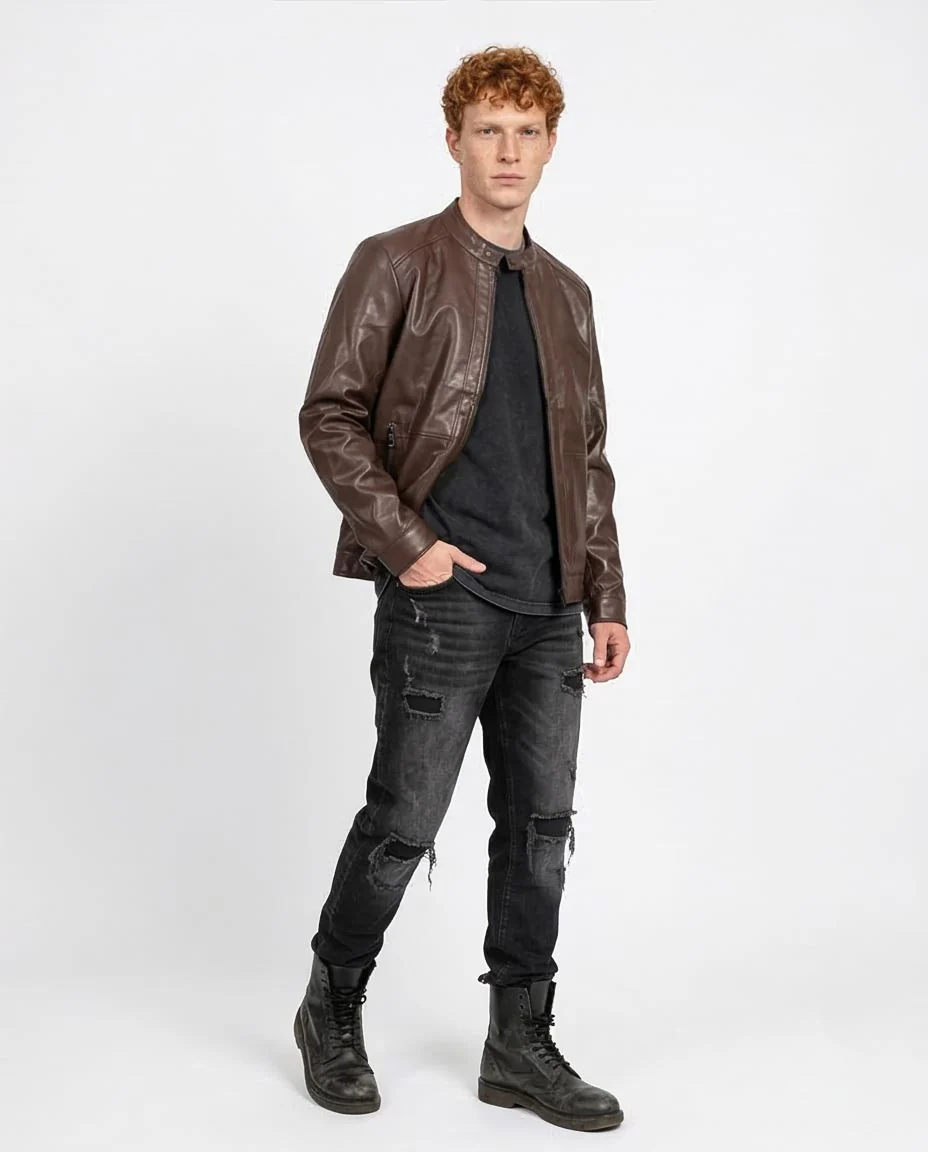 Rich Chocolate Brown Faux Leather Cafe Racer Jacket - R204882 - Image 5