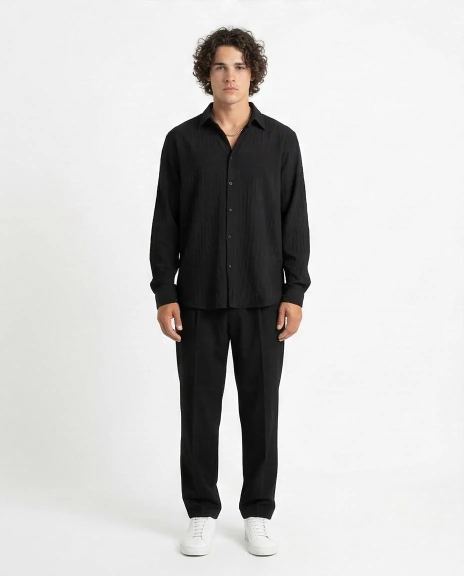 Ravin | Men’s Crinkle-Textured Relaxed Fit Shirt - Black- R211742 - Image 3