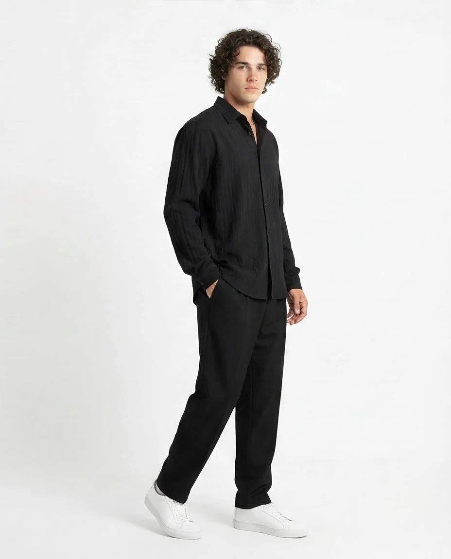 Ravin | Men’s Crinkle-Textured Relaxed Fit Shirt - Black- R211742 - Image 5