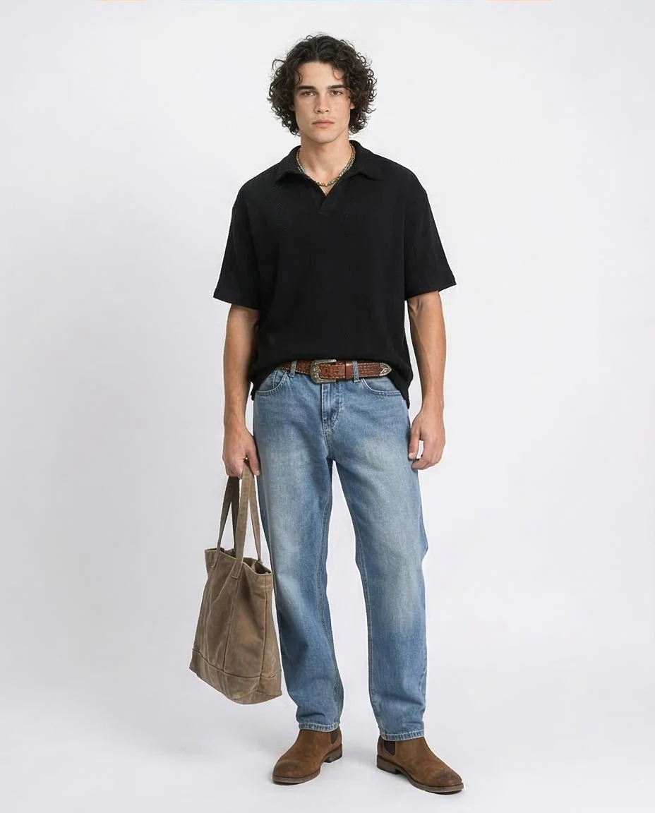 Ravin Men’s Diamond-Textured Knit Polo – Relaxed V-Neck Short Sleeve in Black - R214894 - Image 3