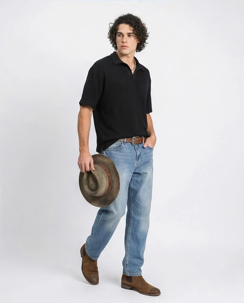 Ravin Men’s Diamond-Textured Knit Polo – Relaxed V-Neck Short Sleeve in Black - R214894 - Image 5