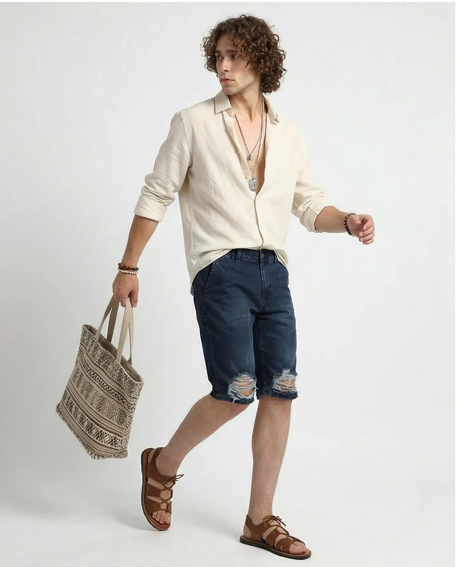 Men's Distressed Dark Indigo Denim Shorts - O198728 - Image 3