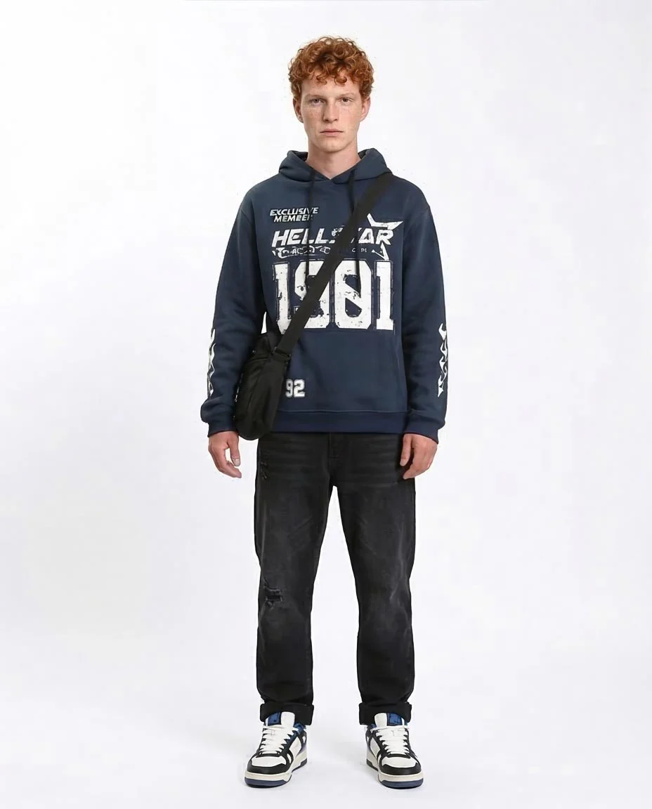 Ravin Men’s Distressed Graphic Hoodie - Navy Blue "HELLSTAR 1981" Streetwear - R212192 - Image 3