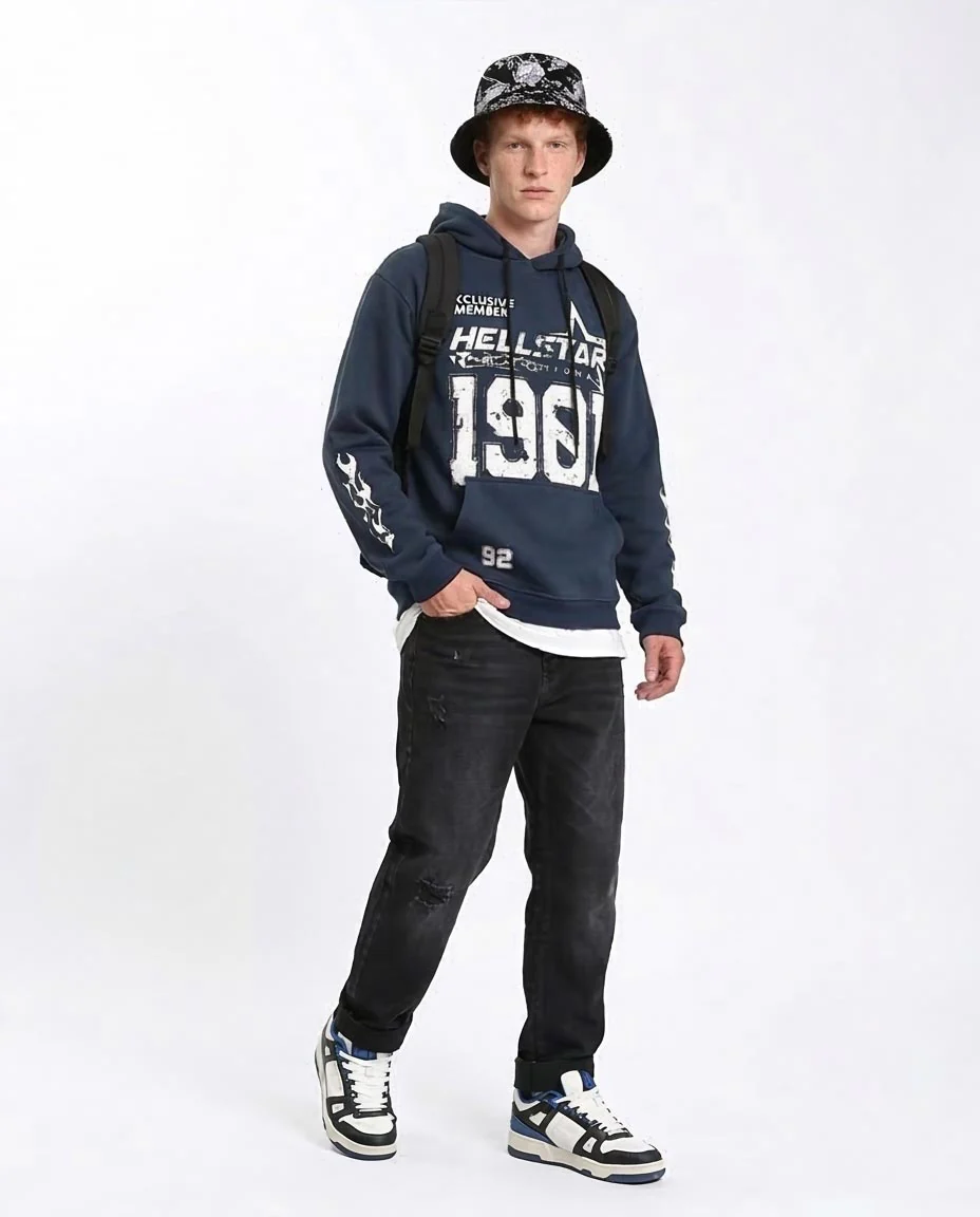 Ravin Men’s Distressed Graphic Hoodie - Navy Blue "HELLSTAR 1981" Streetwear - R212192 - Image 5
