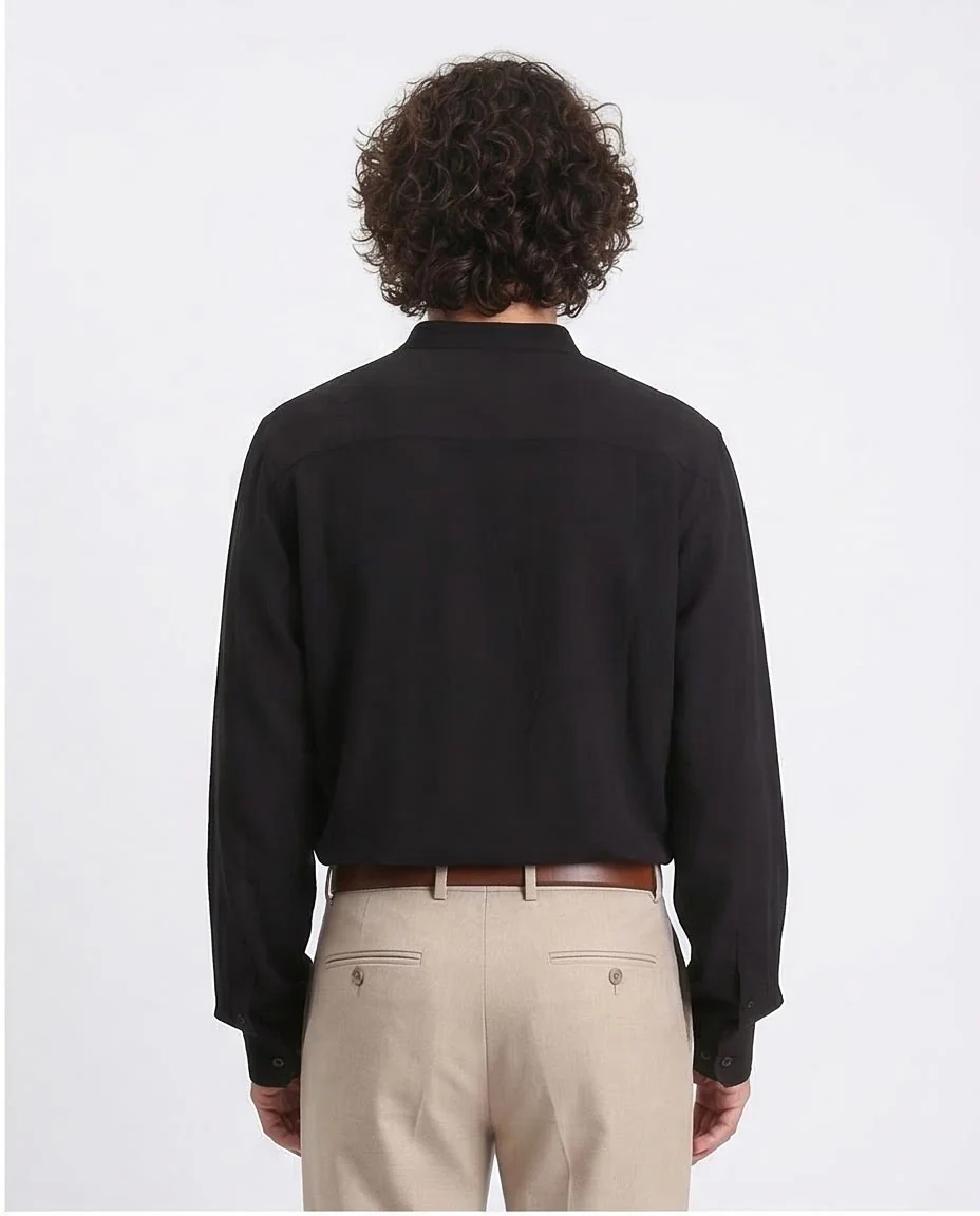 Ravin Men’s Fluid-Drape Grandad Collar Shirt – Midnight Black - O203312 - Image 2