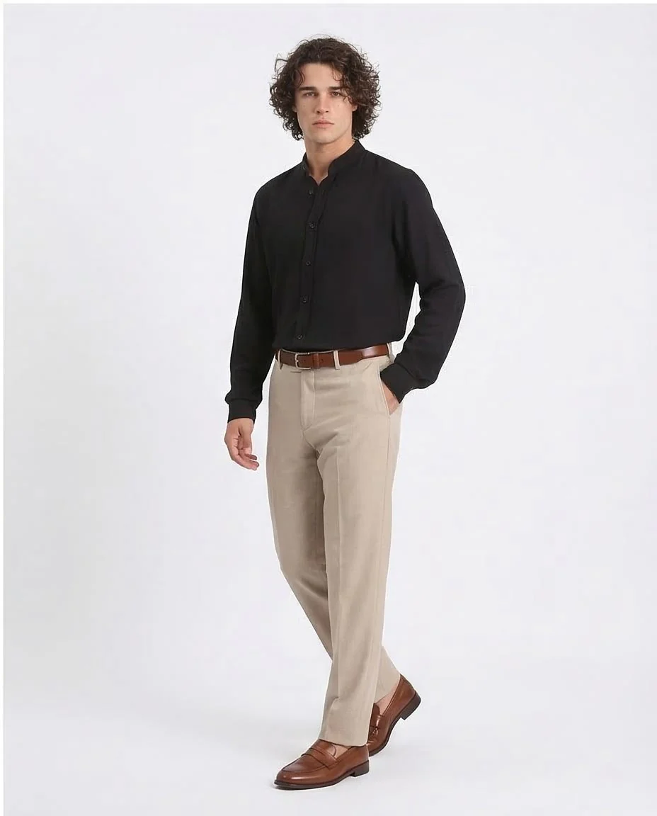 Ravin Men’s Fluid-Drape Grandad Collar Shirt – Midnight Black - O203312 - Image 5