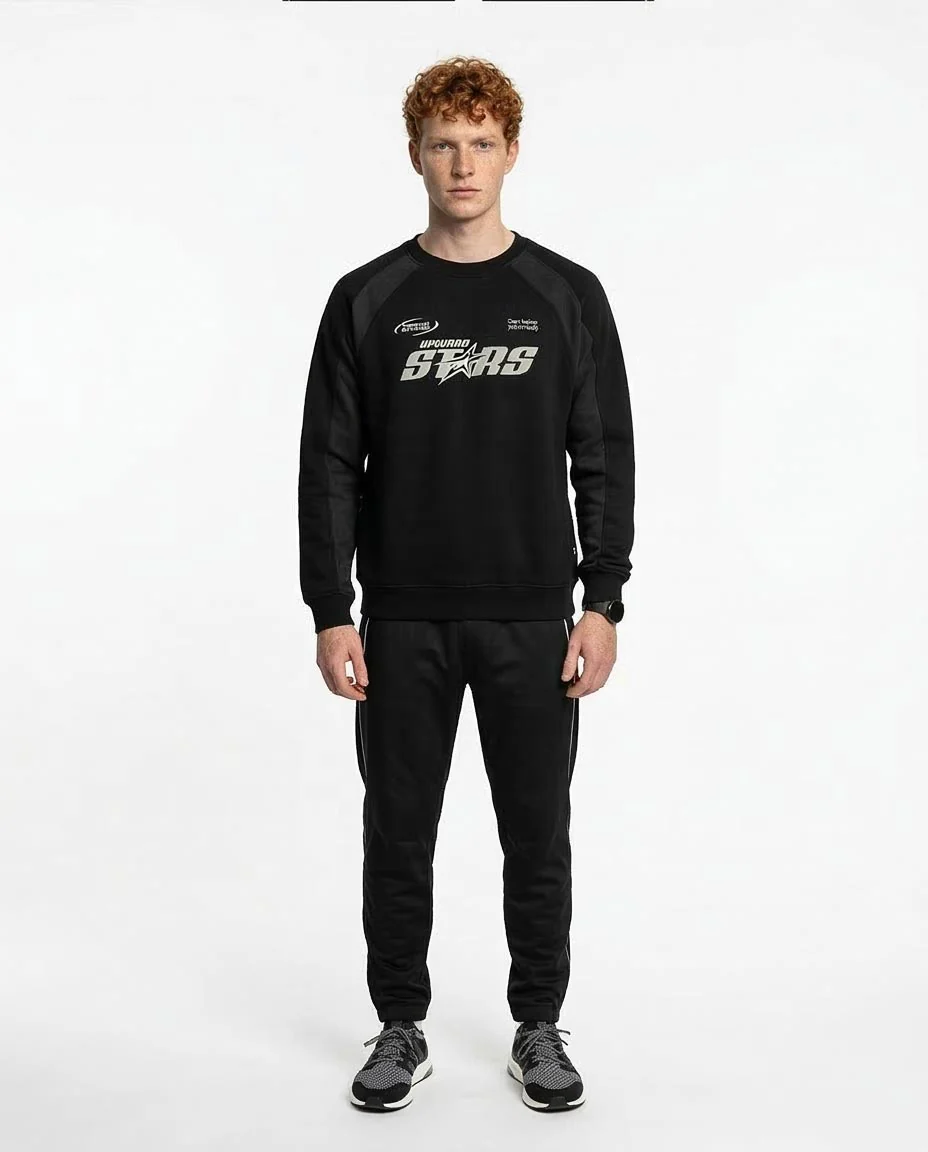 Ravin Men's FW25 Raglan Crew-Neck Melton Sweatshirt – Black "Upward Stars" Graphic - R214781 - Image 3