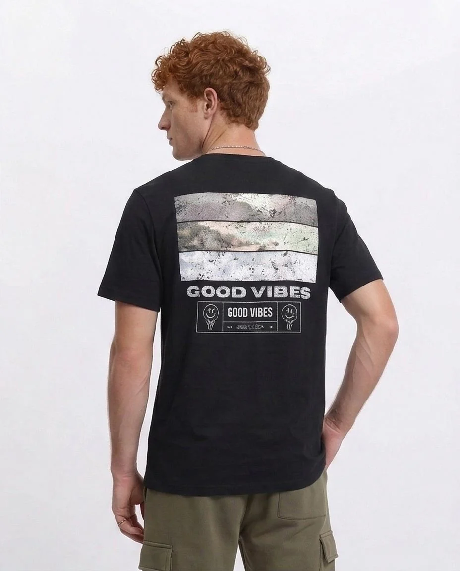 Ravin Men’s Good Vibes Graphic Relaxed Fit 100% Cotton T-Shirt - Black - Black R209371 - Image 2