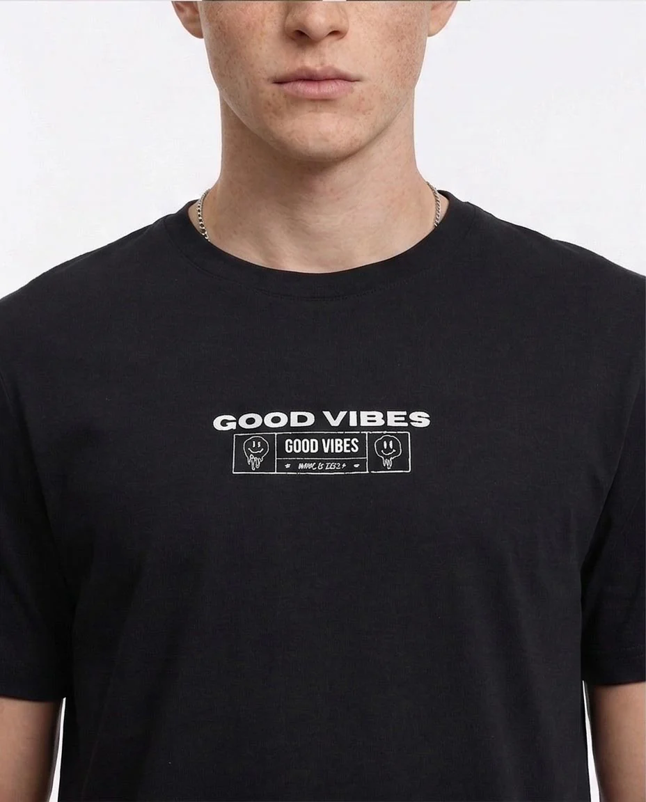 Ravin Men’s Good Vibes Graphic Relaxed Fit 100% Cotton T-Shirt - Black - Black R209371 - Image 3