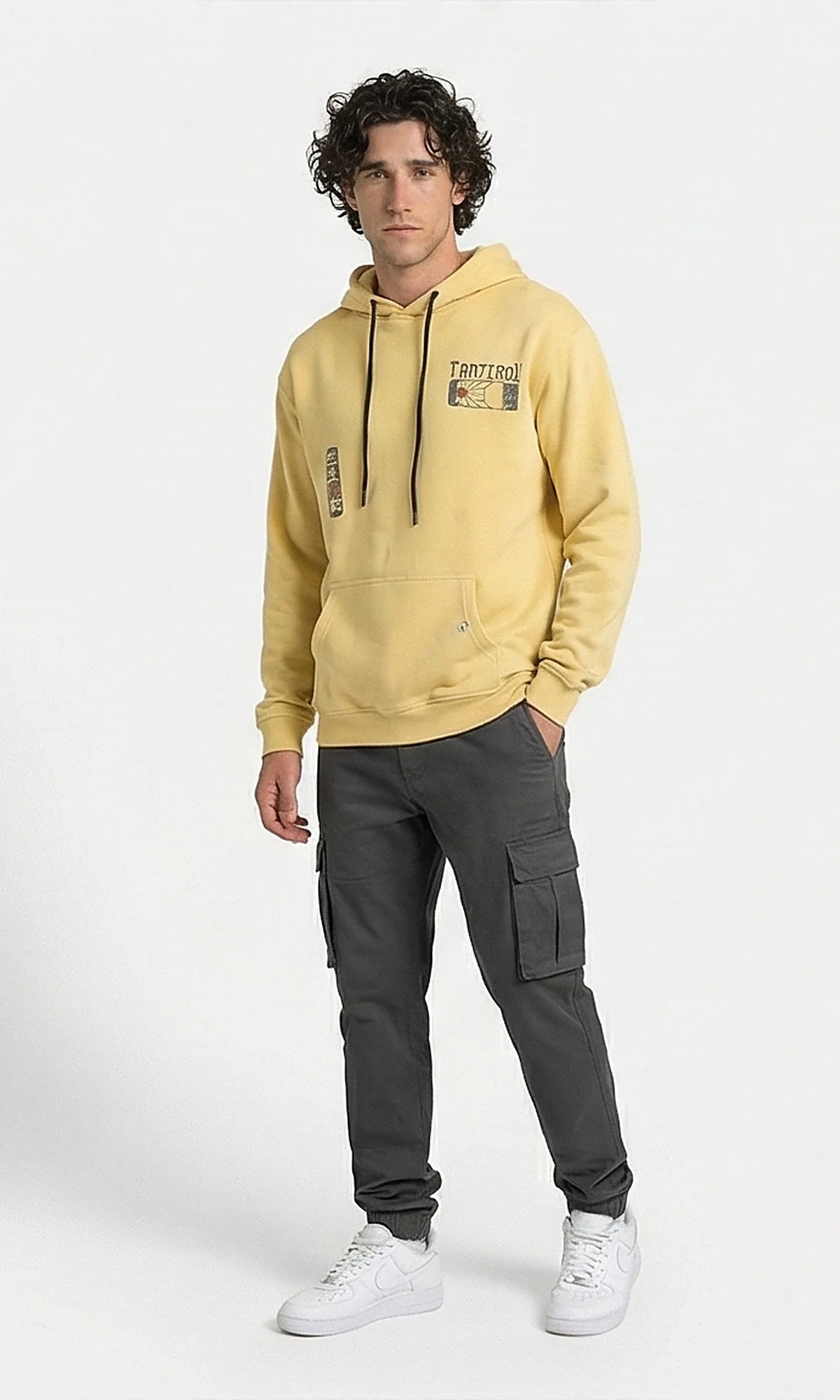Graphic Print Tan Hoodie with Drawstring Detail - Image 4