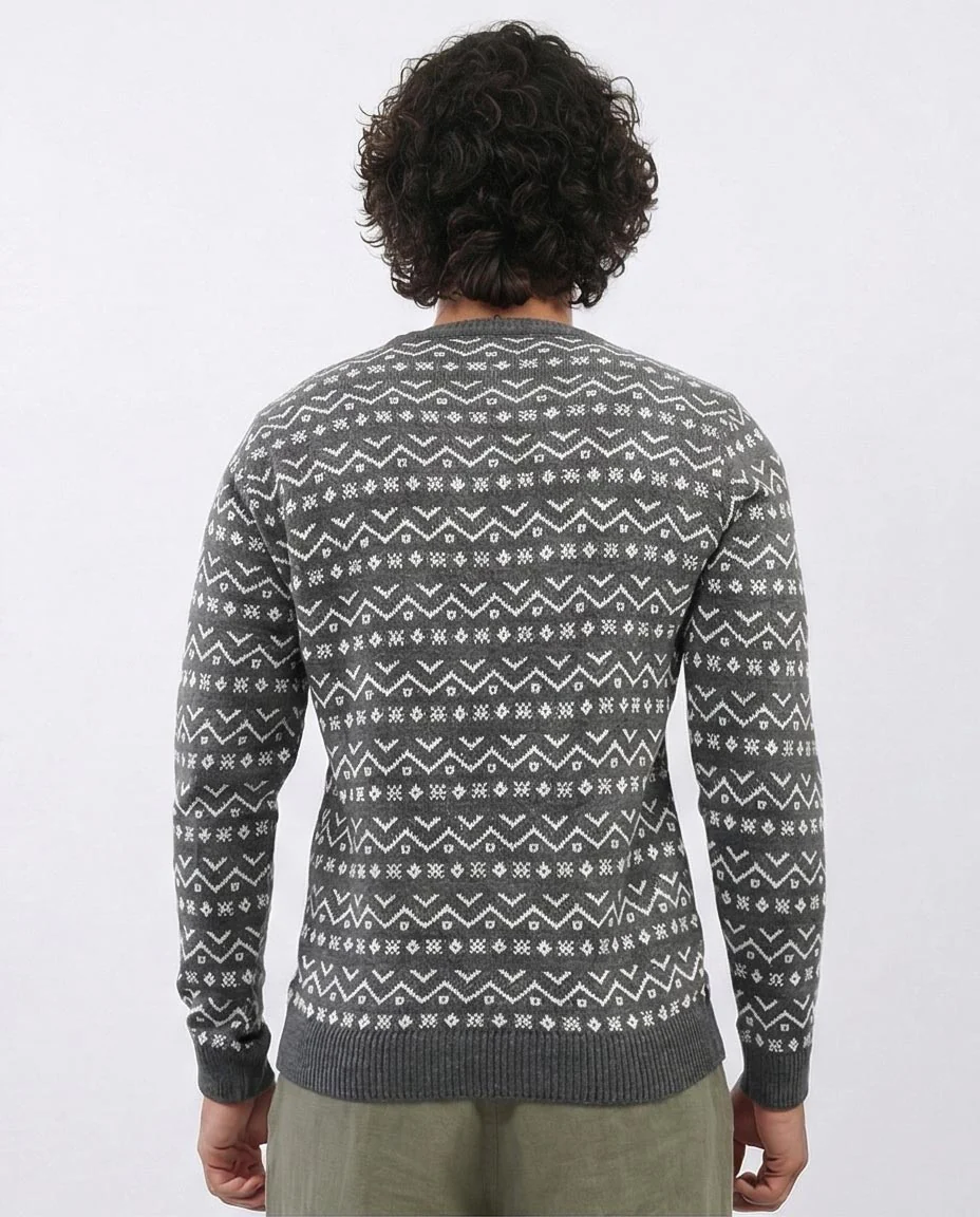 Men's Grey Geometric Patterned Crew Neck Pullover - O200600 - Image 2