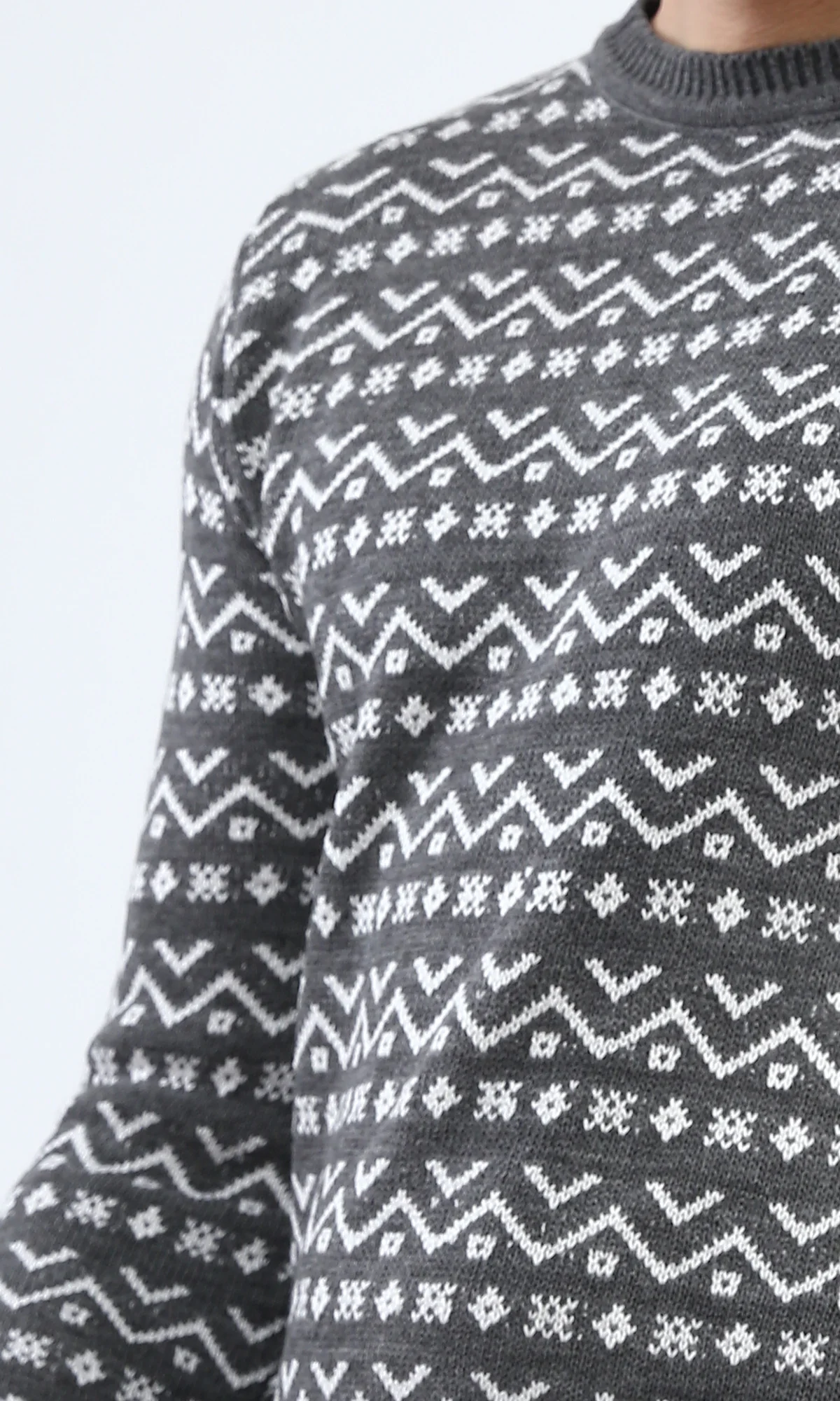 Men's Grey Geometric Patterned Crew Neck Pullover - O200600 - Image 3