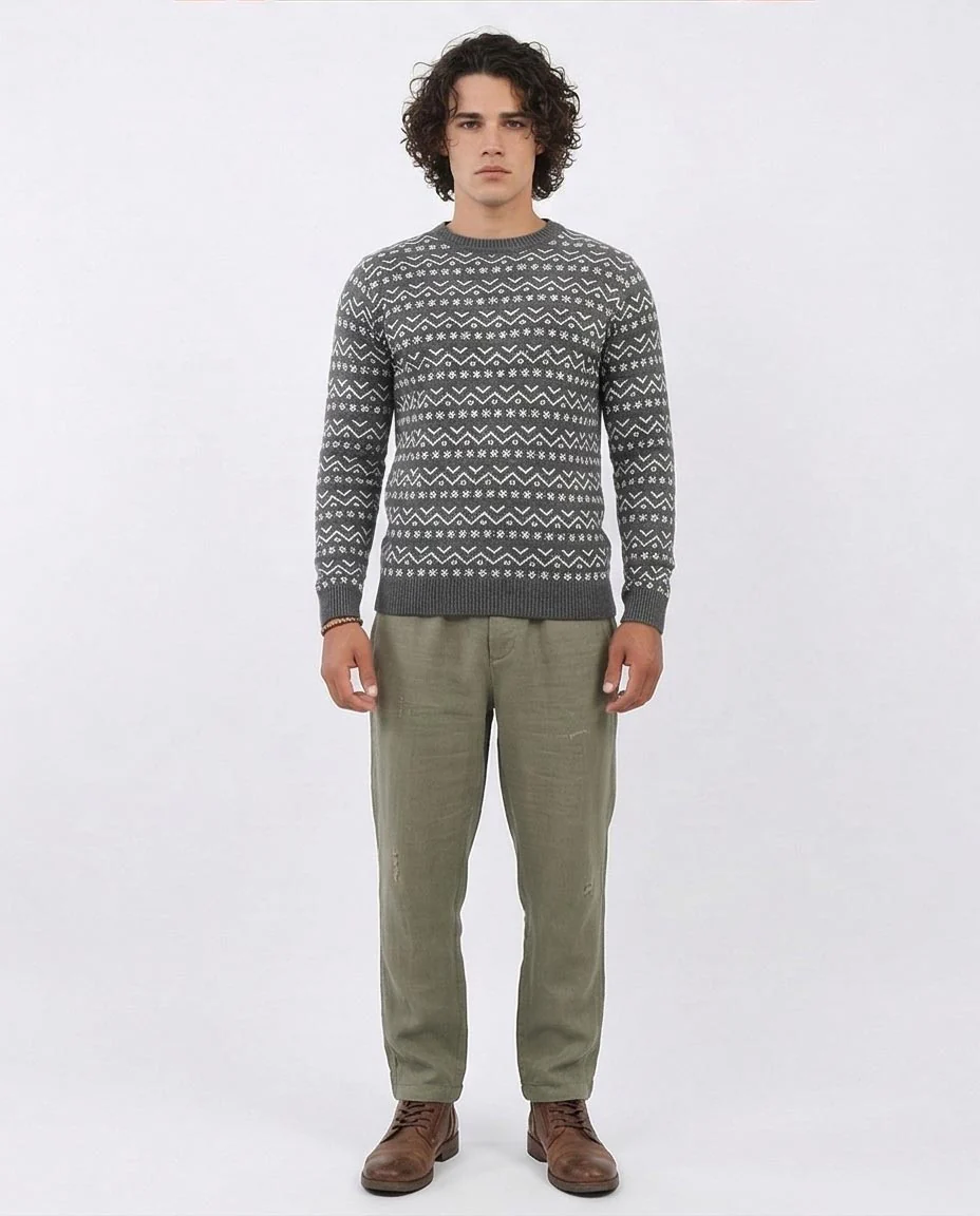 Men's Grey Geometric Patterned Crew Neck Pullover - O200600 - Image 4