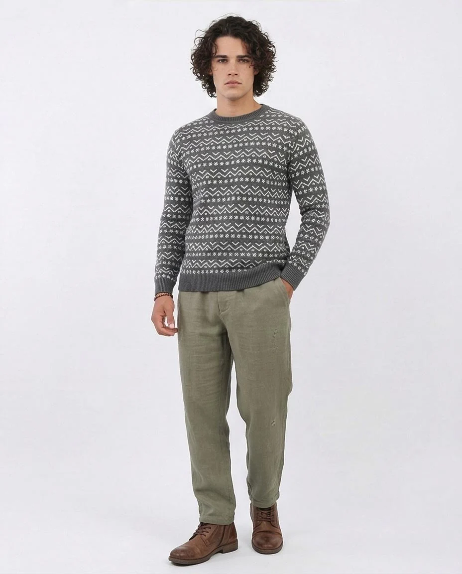 Men's Grey Geometric Patterned Crew Neck Pullover - O200600 - Image 5
