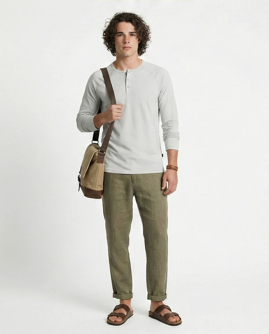 Essential Heather Grey Long Sleeve Henley Shirt - Image 4