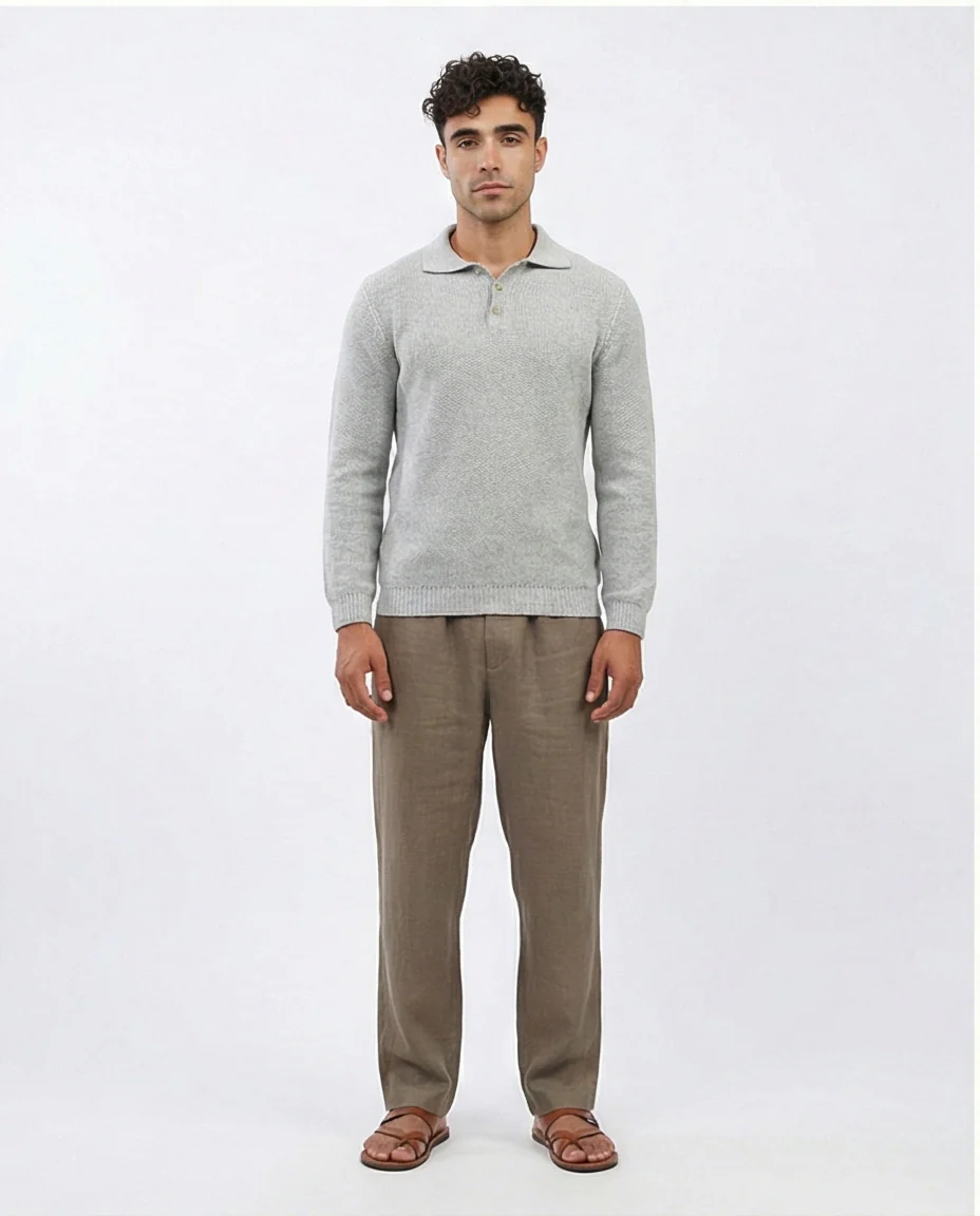 Light Grey Textured Knit Long Sleeve Polo - O201233 - Image 3
