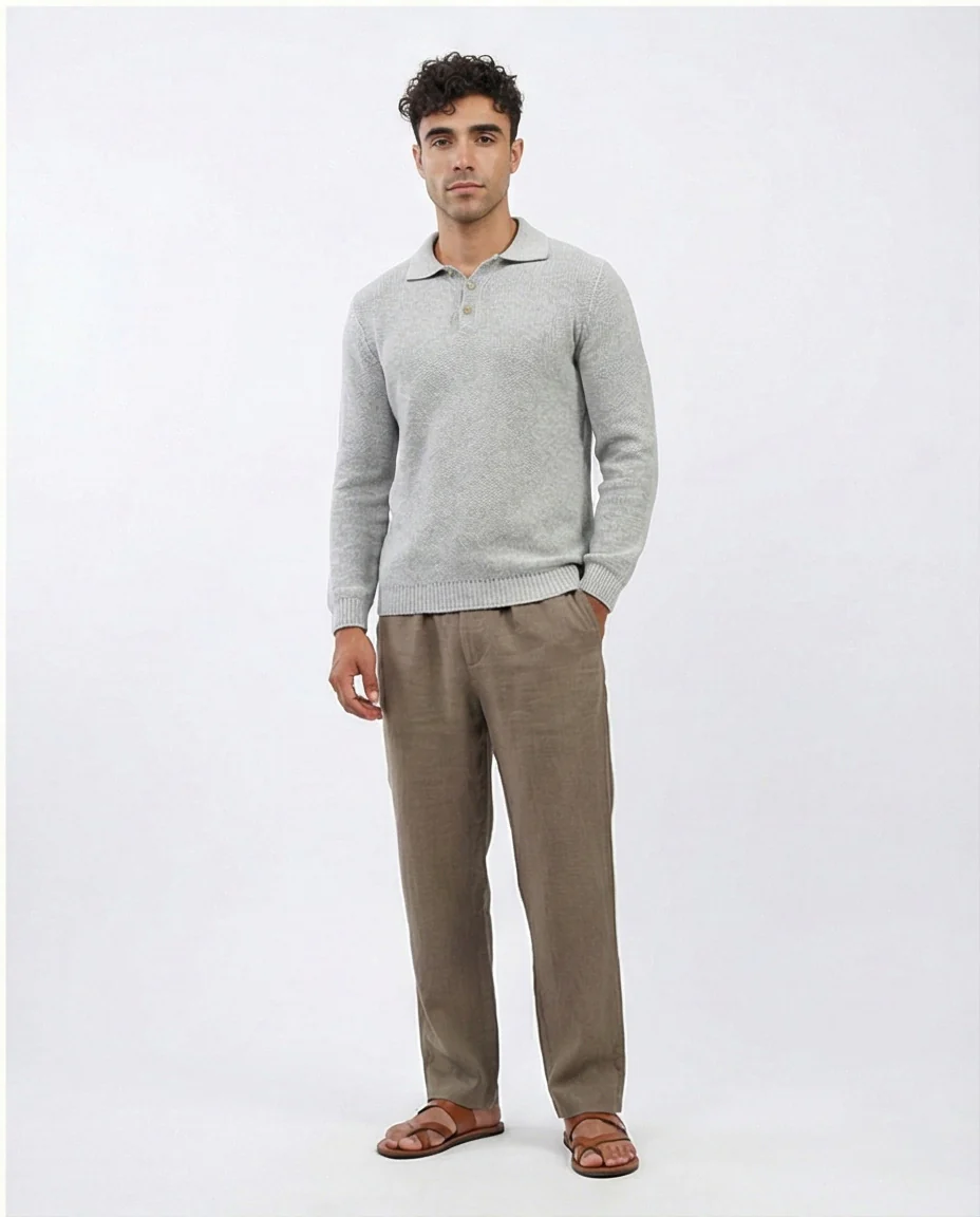 Light Grey Textured Knit Long Sleeve Polo - O201233 - Image 4