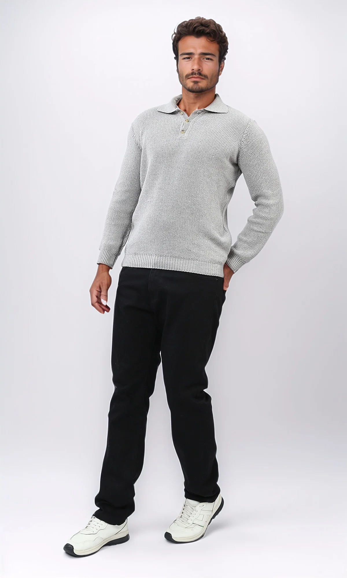 Light Grey Textured Knit Long Sleeve Polo - O201233 - Image 5