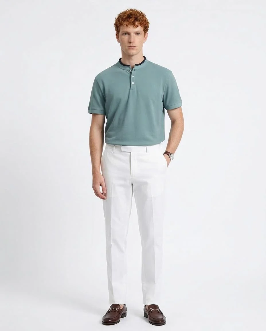Ravin Men's Mandarin Collar Henley Piqué Polo – Sage Green - R207677 - Image 3