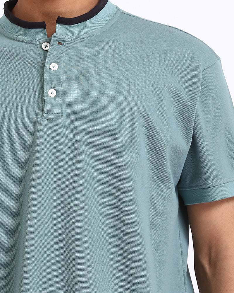 Ravin Men's Mandarin Collar Henley Piqué Polo – Sage Green - R207677 - Image 4