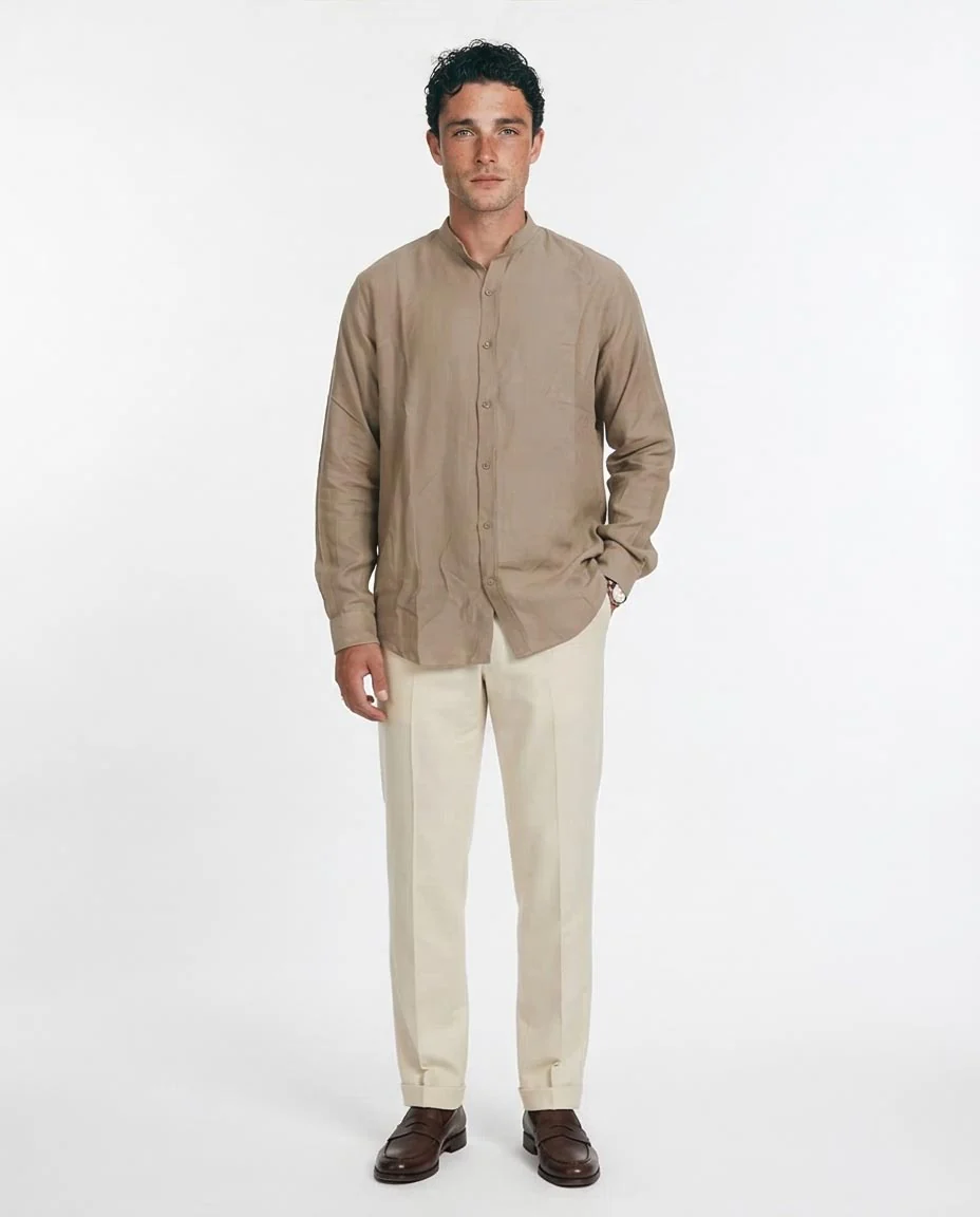 Ravin | Men’s Mandarin Collar Linen-Texture Shirt – Taupe – O203315 - Image 3