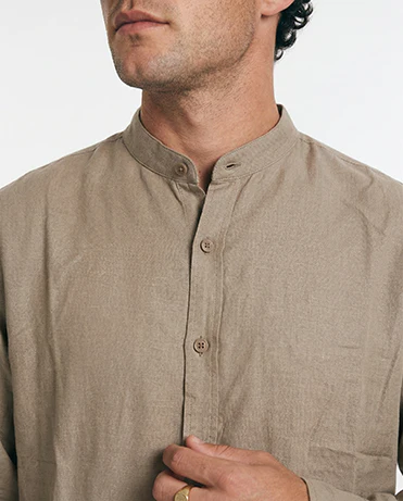 Ravin | Men’s Mandarin Collar Linen-Texture Shirt – Taupe – O203315 - Image 4