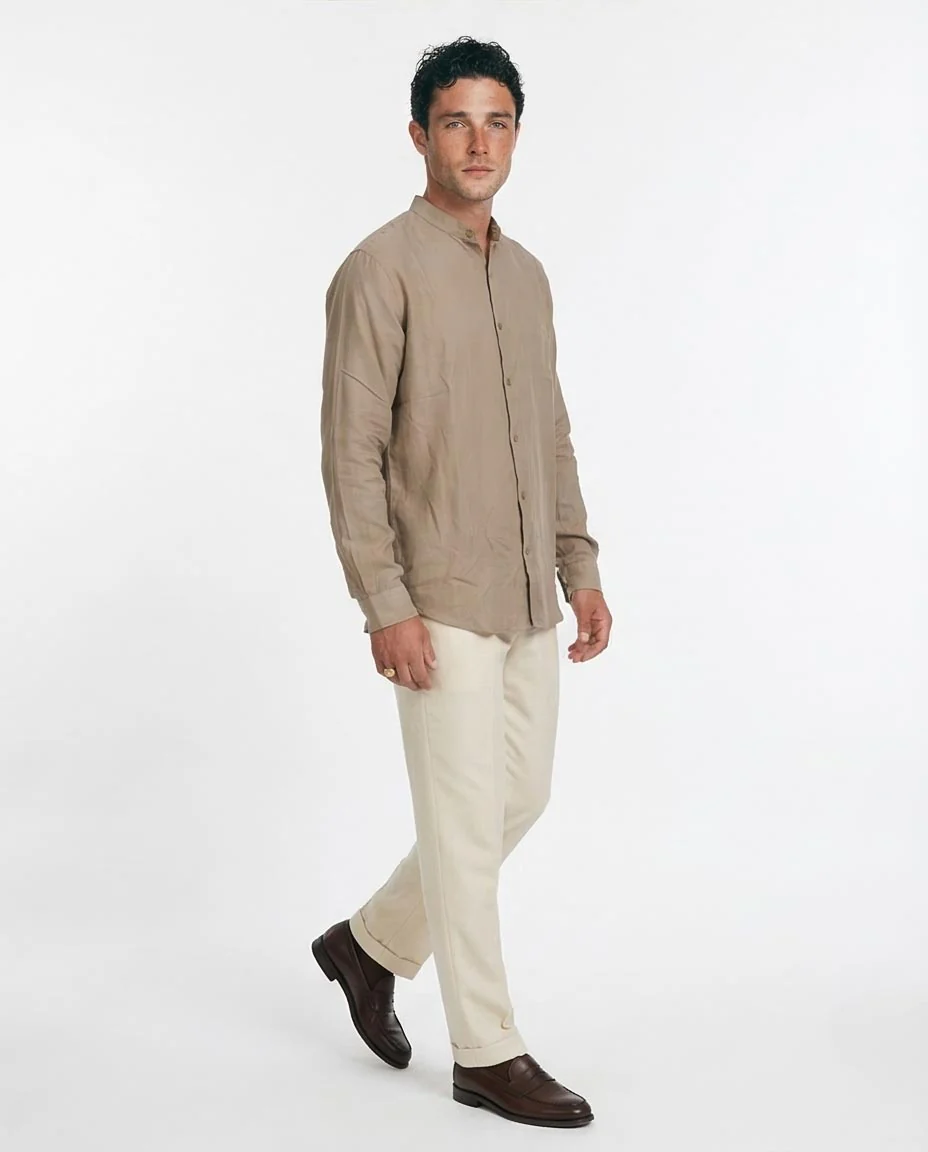 Ravin | Men’s Mandarin Collar Linen-Texture Shirt – Taupe – O203315 - Image 5
