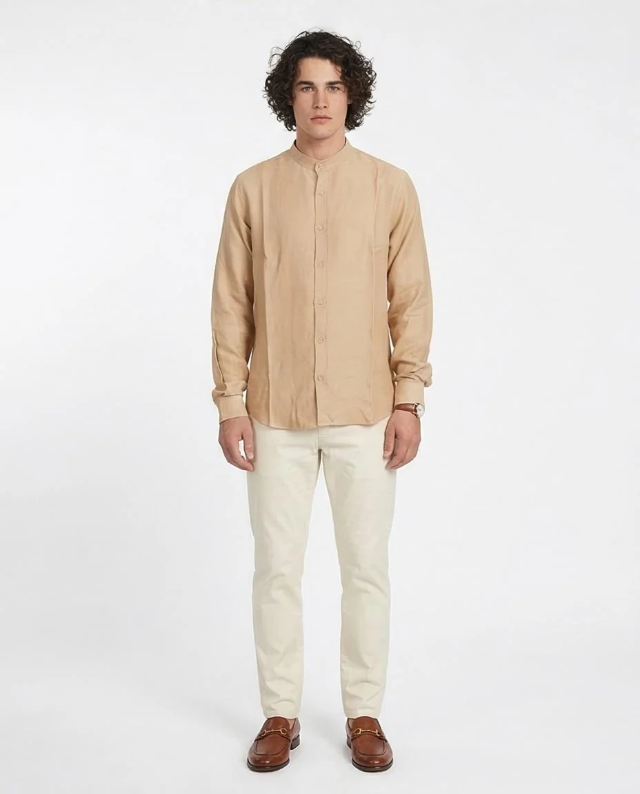 Ravin Men’s Mandarin Collar Linen-Textured Shirt – Sand - O203314 - Image 3