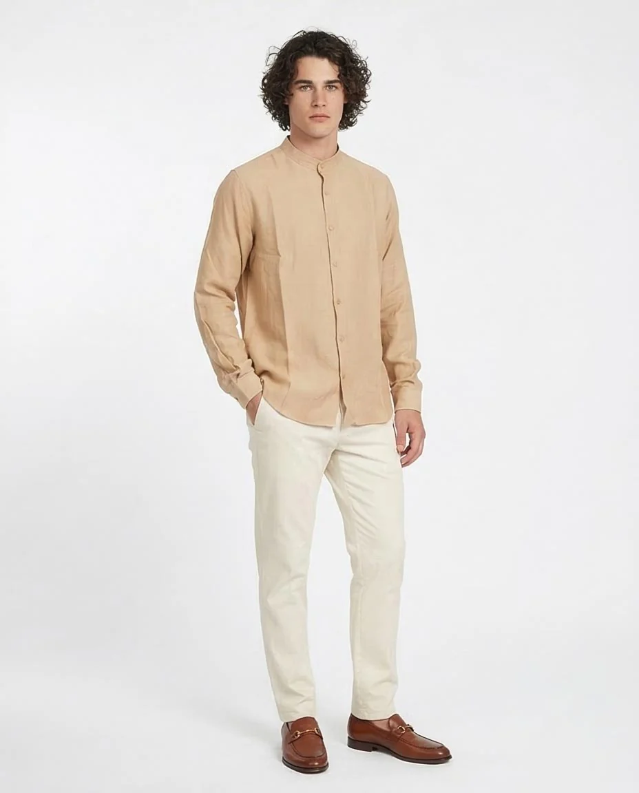 Ravin Men’s Mandarin Collar Linen-Textured Shirt – Sand - O203314 - Image 5