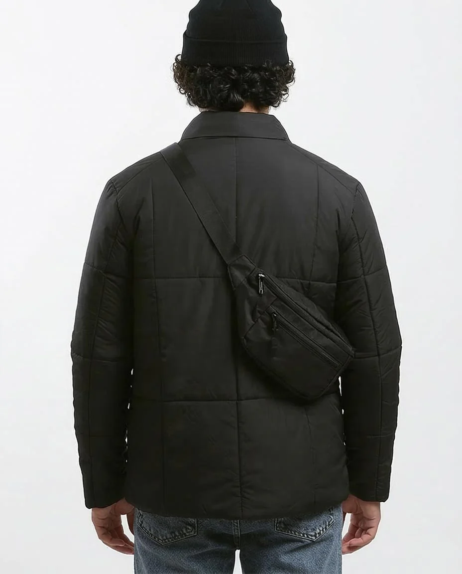 Men's Sleek Matte Black Quilted Puffer Jacket - O180578 - Image 2