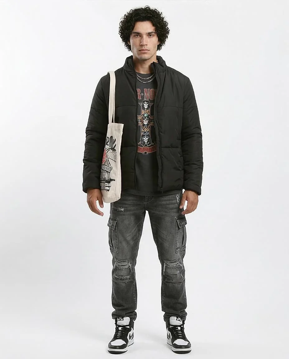Men's Sleek Matte Black Quilted Puffer Jacket - O180578 - Image 3