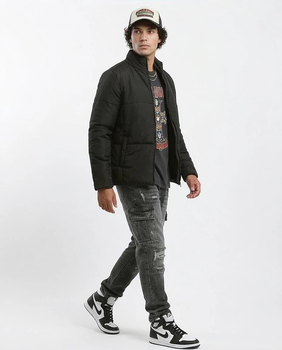 Men's Sleek Matte Black Quilted Puffer Jacket - O180578 - Image 5