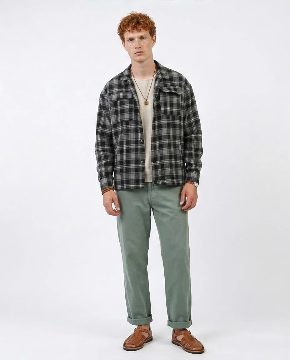 Men's Monochrome Plaid Flannel Long Sleeve Shirt - O200617 - Image 3
