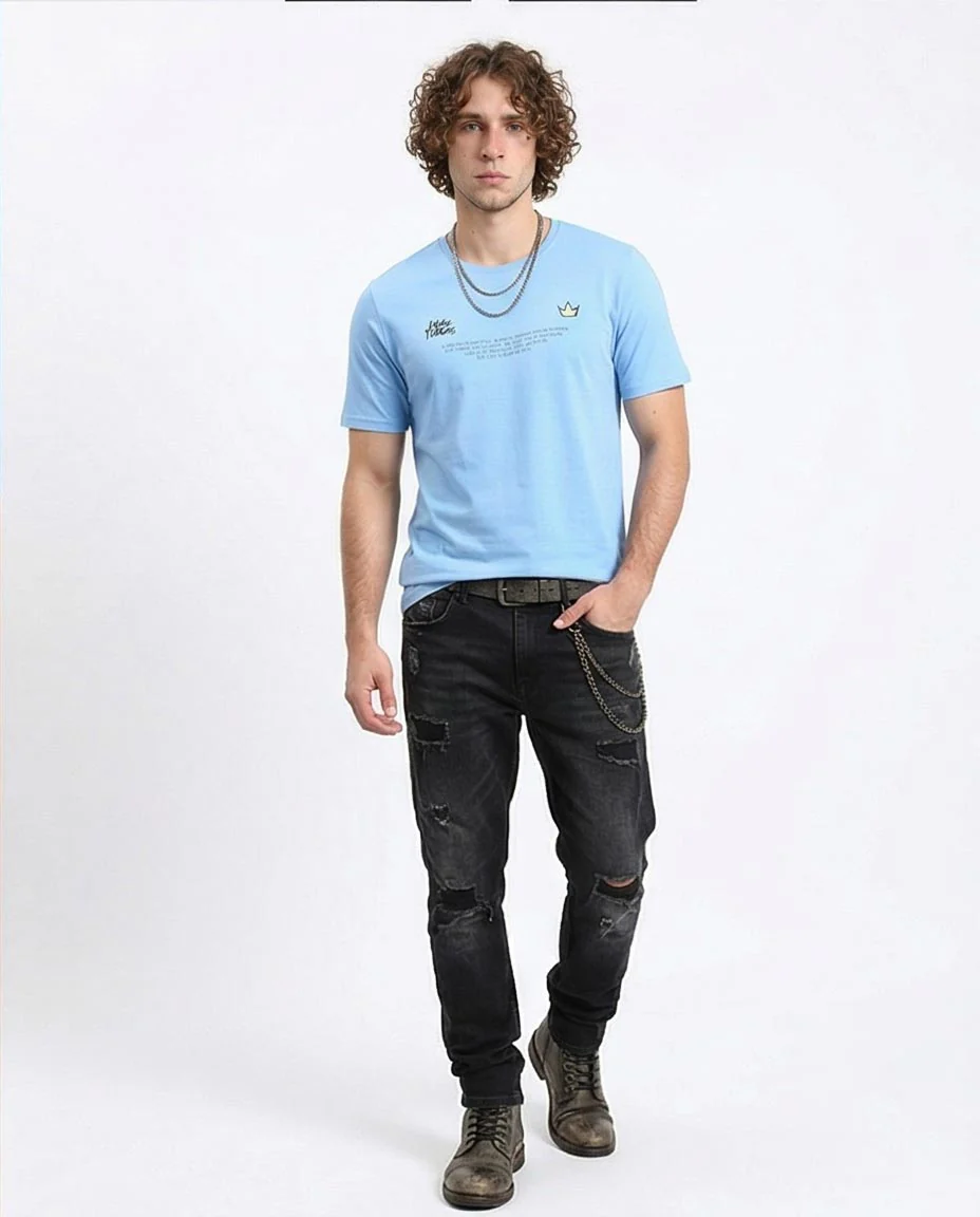 Ravin Men’s Myke Towers Graphic T-Shirt - Light Blue Streetwear Crew Neck with Bolt Back Print - O203117 - Image 4