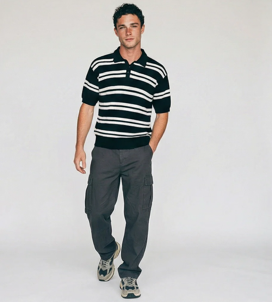 Men's Nautical Striped Knit Polo Shirt - R217407 - Image 3