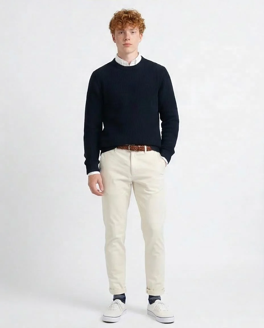 Navy Ribbed Knit Crew Neck Pullover Sweater - O199877 - Image 3