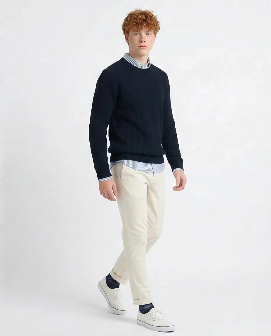 Navy Ribbed Knit Crew Neck Pullover Sweater - O199877 - Image 5
